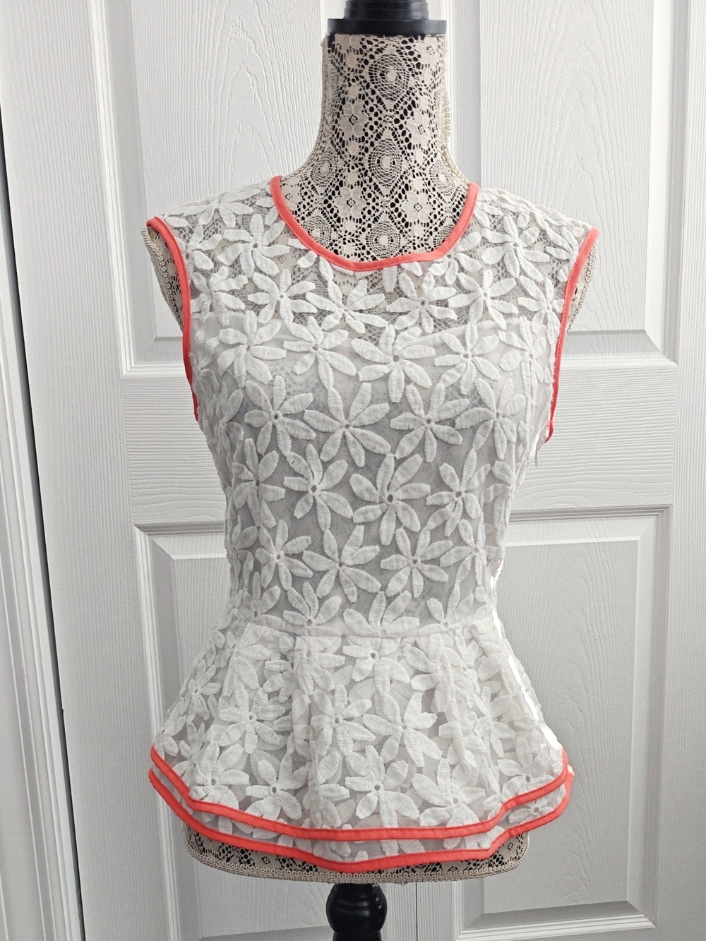 Pure Sugar White Floral Lace Peplum Top with Coral Trim